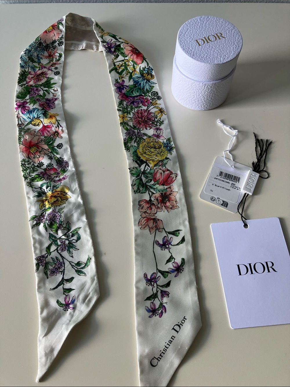 Christian Dior Silk Scarf Floral on Ivory Back ground